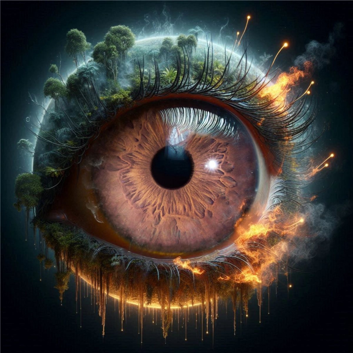 Macro iris artwork composited with fire and landscape textures.